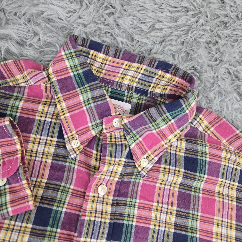 Brooks Brothers Mens Medium Pink Purple Plaid Cotton‎ Button Down 346 Polo Shirt
